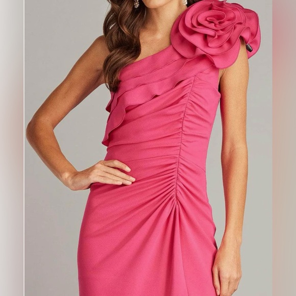 Tadashi Shoji BOS24101MD - Pike Draped Rosette Shoulder Sheath Dress NWT